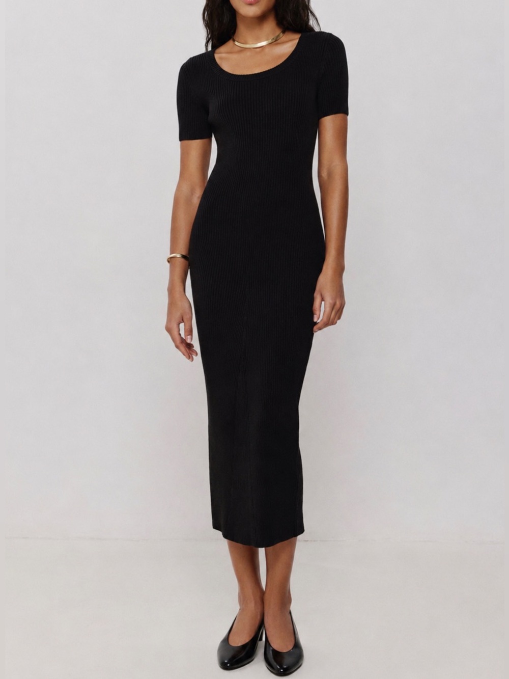 Donna Karan Classic Black Ribbed Midi Dress Size L
